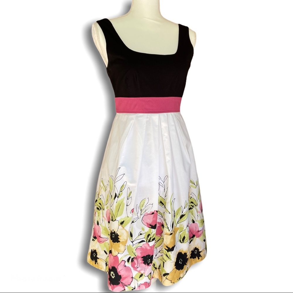 Spring Sun Dress size 3/4 Maurice’s black sleeveless fitted bodice floral skirt
